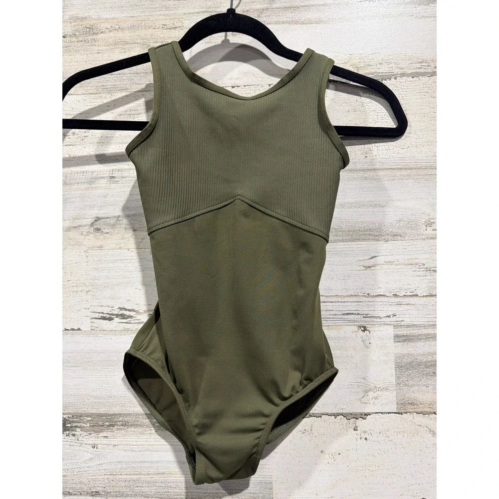 Danz N Motion Leotard Girls 12-14 Olive Green Ribbed Dancewear EUC